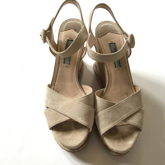 Prada Suede Cork Wedge Pomice Heels Sandals Womens 37 7 Cream Ecru Platform Shoe - Picture 2 of 11